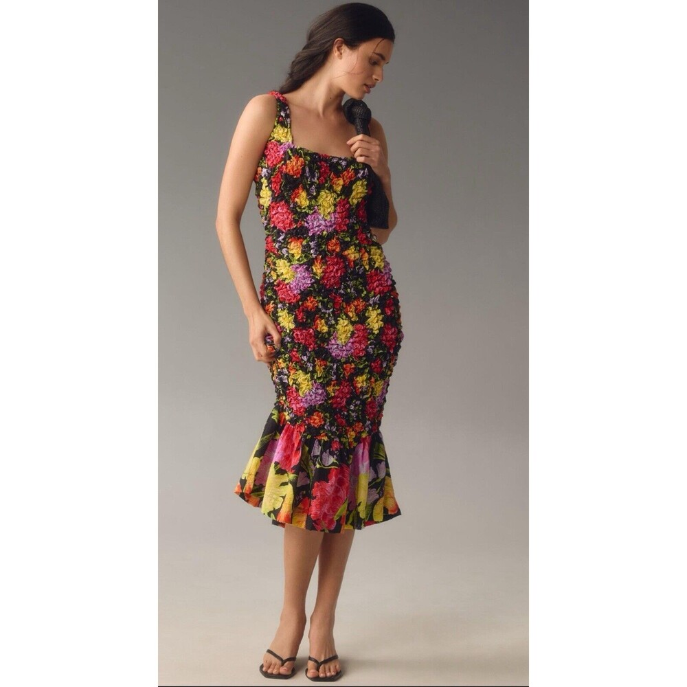 Anthropologie Midi Dress Women Floral Boho Vacay Tropic Pebble Smock Sz S/M NWT